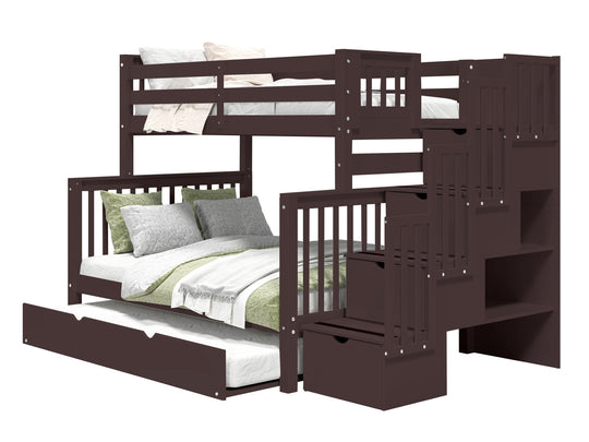 Dark Cherry twin-over-full stairway bunk bed with full trundle