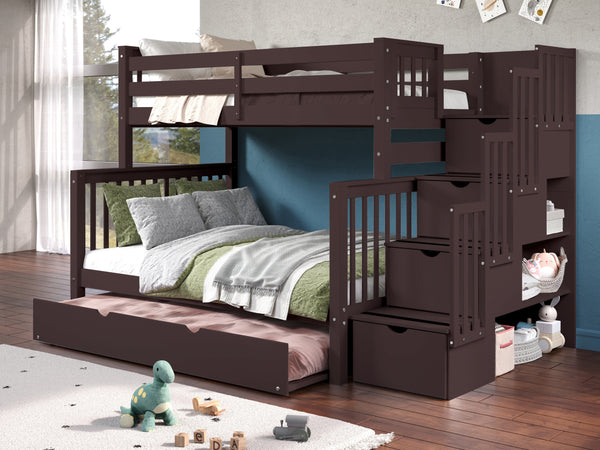 This Twin over Full Stairway Bunk Bed in Dark Cherry with a Full Trundle will look great in your child's bedroom