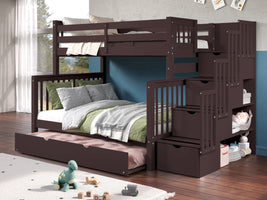 This Twin over Full Stairway Bunk Bed in Dark Cherry with a Full Trundle will look great in your child's bedroom