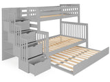 Twin over Full Bunk Bed Gray with 4 Step Stairway and Full Trundle