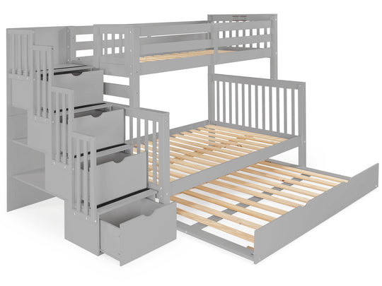 Twin over Full Bunk Bed Gray with 4 Step Stairway and Full Trundle