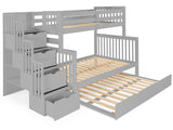 Twin over Full Bunk Bed Gray with 4 Step Stairway and Full Trundle