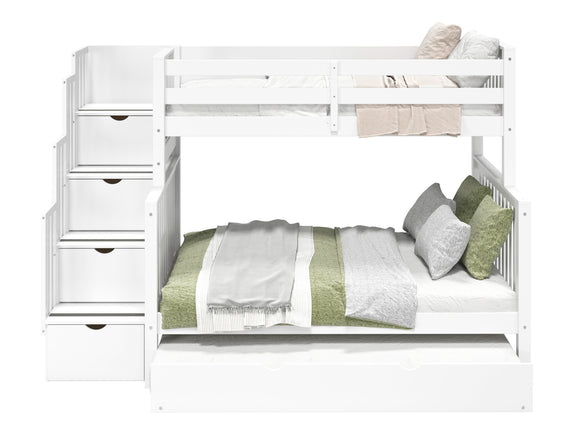 Full Over Full Bunk Bed with Trundle and Staircase - White
