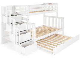 Twin over Full Bunk Bed White with 4 Step Stairway and Full Trundle