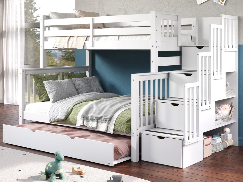 Trundle Bed White Twin Over Full Bunk Bed With Stairs Bunk Beds