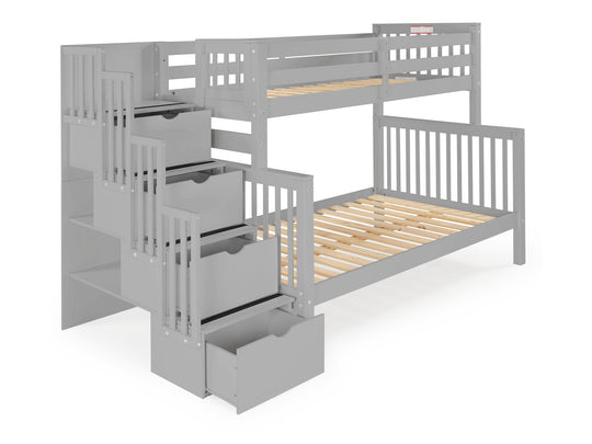 Gray twin-over-full bunk bed showing the four-step stairway