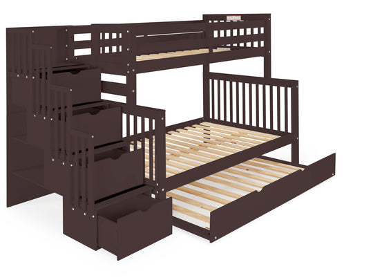 Dark Cherry twin-over-full bunk bed with twin trundle showing the four-step stairway