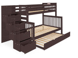 Twin over Full Bunk Bed Dark Cherry with 4 Step Stairway and Trundle
