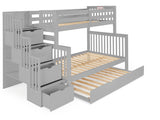 Twin over Full Bunk Bed Gray with 4 Step Stairway and Twin Trundle