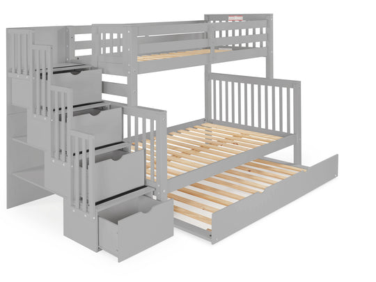 Gray twin-over-full bunk bed with twin trundle showing the four-step stairway