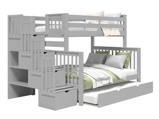 Gray twin-over-full stairway bunk bed with twin trundle