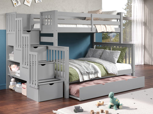 Bunk Beds Twin over Full Stairway + Twin Trundle, Gray