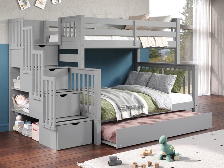 Bedz King gray twin-over-full stairway bunk bed with twin trundle in a bedroom bunk beds