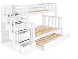 Twin over Full Bunk Bed White with 4 Step Stairway and Twin Trundle