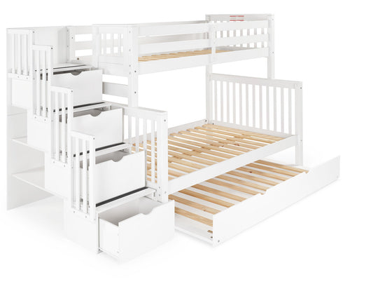 White twin-over-full bunk bed with twin trundle showing the four-step stairway