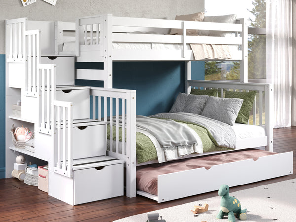Bunk Beds Twin over Full Stairway + Twin Trundle, White