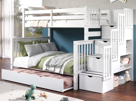 Bunk Beds Twin over Full Stairway + Twin Trundle, White
