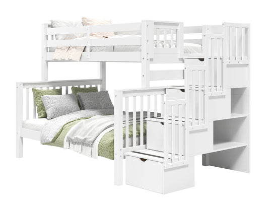 White twin-over-full bunk bed showing stairway placement on the left or right