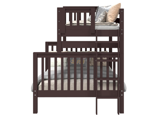 Bedroom view of a dark cherry twin-over-full end-ladder bunk bed