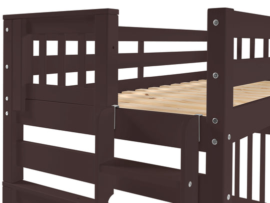 Four-step end ladder and upper-bunk entry on a dark cherry twin-over-full bunk bed