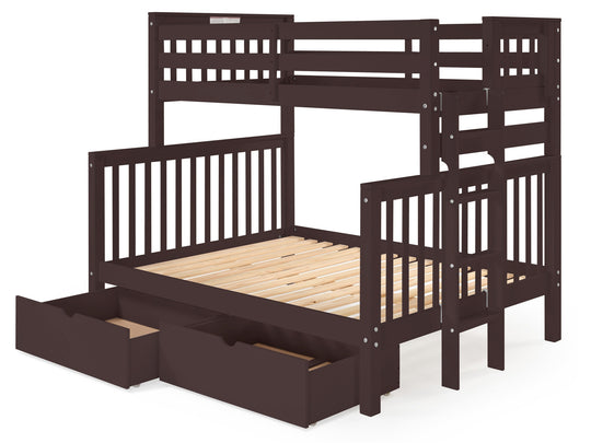Dark Cherry twin-over-full bunk bed with two under-bed storage drawers showing the four-step end ladder