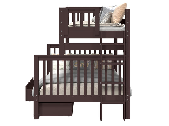 Bedroom view of a dark cherry twin-over-full end-ladder bunk bed with two under-bed storage drawers