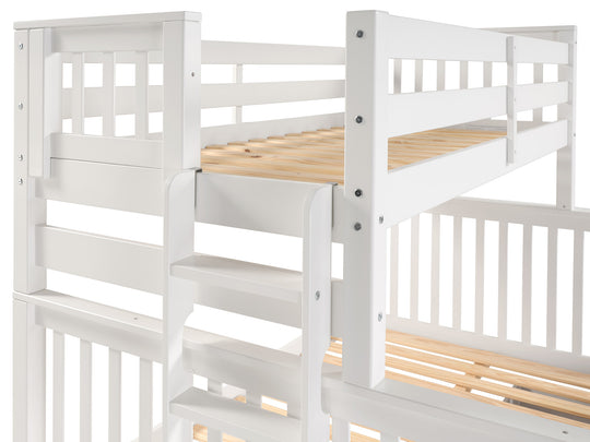 Four-step end ladder and upper-bunk entry on a white twin-over-full bunk bed
