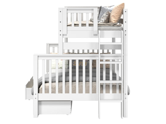 Bedroom view of a white twin-over-full end-ladder bunk bed with two under-bed storage drawers