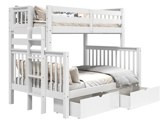 White twin-over-full bunk bed showing ladder placement at either end