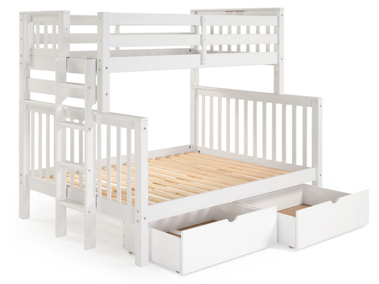 White twin-over-full bunk bed showing front and back ladder placement options