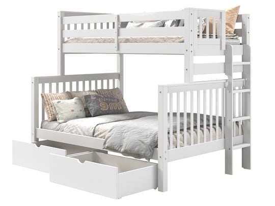 White twin-over-full end-ladder bunk bed with two under-bed storage drawers