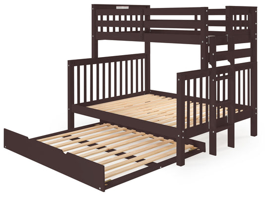 Twin over Full Bunk Bed Dark Cherry with 4 Step Ladder and a Full Trundle