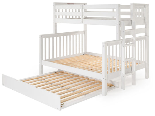 Twin over Full Bunk Bed White with 4 Step Ladder and a Full Trundle