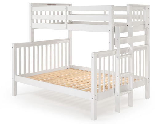 White twin-over-full bunk bed showing the four-step end ladder