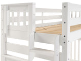 Four-step end ladder and upper-bunk entry on a white twin-over-full bunk bed