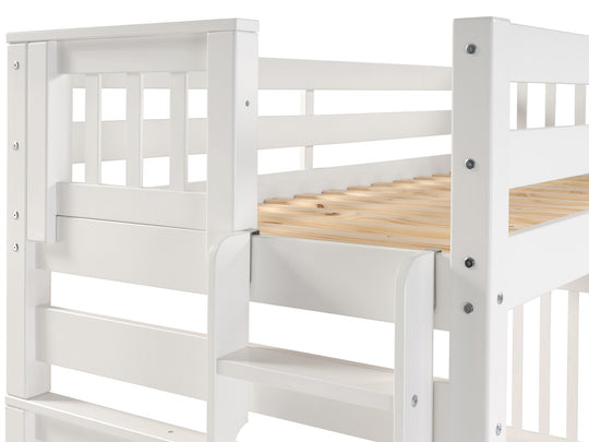 Four-step end ladder and upper-bunk entry on a white twin-over-full bunk bed