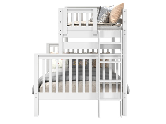 Bedroom view of a white twin-over-full end-ladder bunk bed