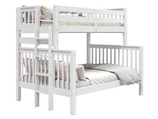 White twin-over-full bunk bed showing ladder placement at either end