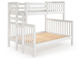 White twin-over-full bunk bed showing front and back ladder placement options