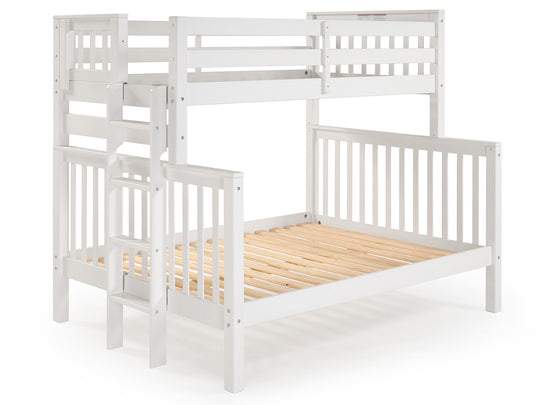 White twin-over-full bunk bed showing front and back ladder placement options