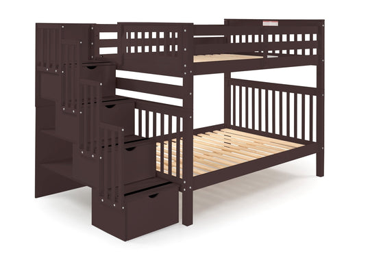 Dark Cherry full-over-full bunk bed showing the four-step stairway