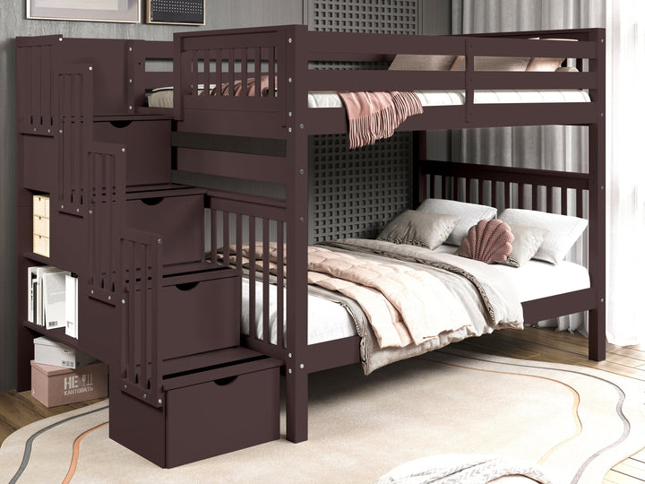 Bedz King dark cherry full-over-full stairway bunk bed in a bedroom bunk beds