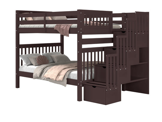 Dark Cherry full-over-full bunk bed showing stairway placement on the left or right