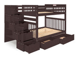 Full over Full  Bunk Bed Dark Cherry with 4 Step Stairway and 2 Drawers