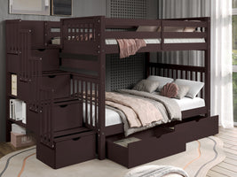 This Full over Full  Bunk Bed with Stairs with 2 Under Bed Drawers in Dark Cherry  will look great in your child's bedroom