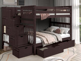 This Full over Full  Bunk Bed with Stairs with 2 Under Bed Drawers in Dark Cherry  will look great in your child's bedroom