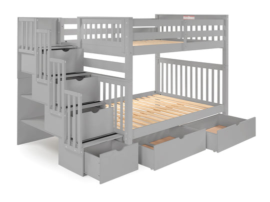 Gray full-over-full bunk bed with two under-bed storage drawers showing the four-step stairway