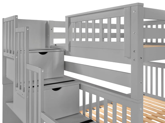 Four-step stairway and upper-bunk entry on a gray full-over-full bunk bed