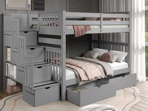 Bedz King Full Over Full Stairway Bunk Bed in Gray with 2 Storage Drawers