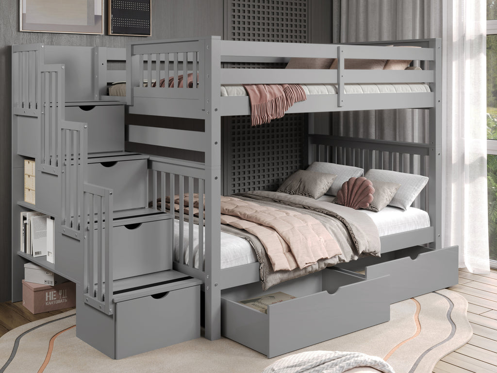 Bunk Beds Full over Full Stairway, 2 Drawers, Gray